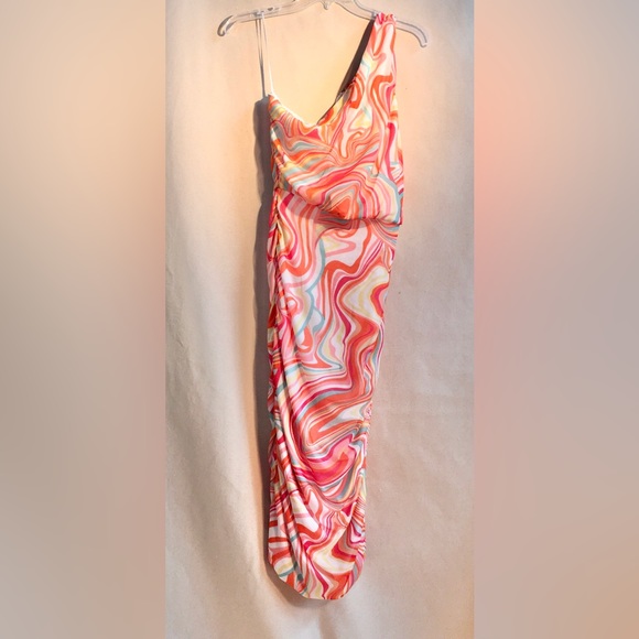 One shoulder stretch-mesh MIDI, Size XL, NWT. Multicolor, Lined, Ruching. - Picture 5 of 13